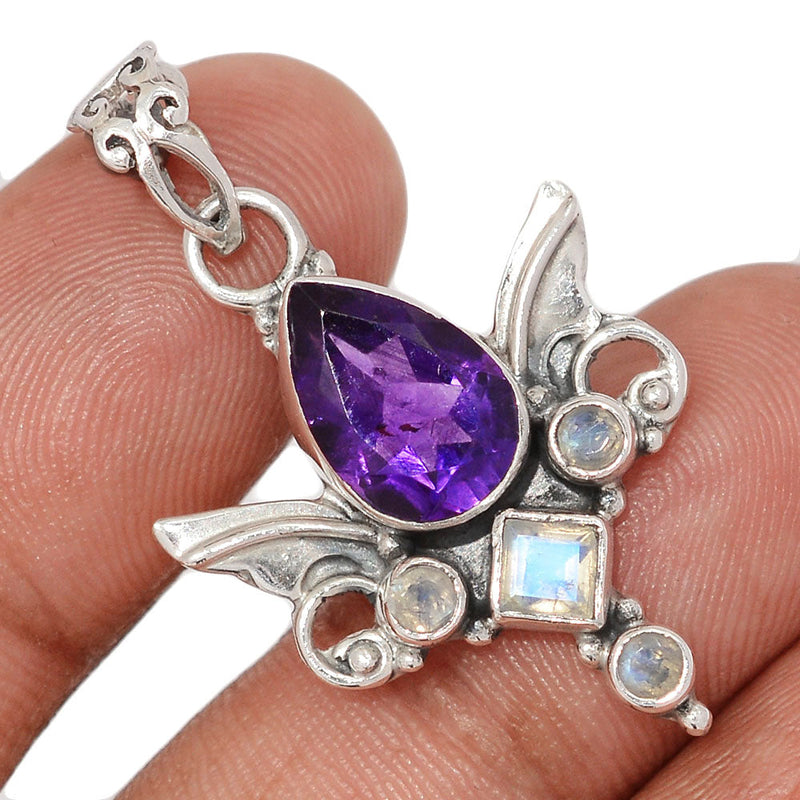 1.5" Scared Angel Wings - Amethyst Faceted & Moonstone Faceted Pendants - DSNP2221