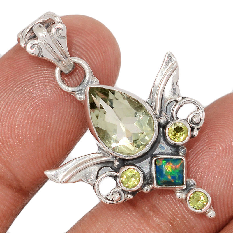 1.5" Scared Angel Wings - Green Amethyst, Peridot & Lab Grown Fire Opal Pendants - DSNP2223