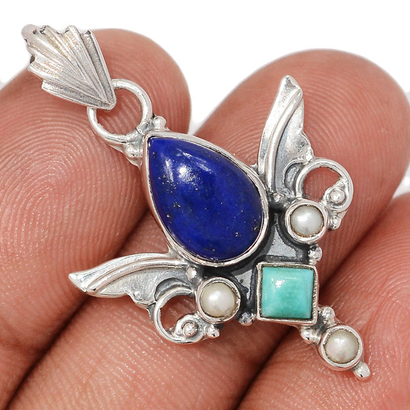 1.5" Scared Angel Wings - Lapis, Pearl & Mohave Blue Turquoise Pendants - DSNP2224