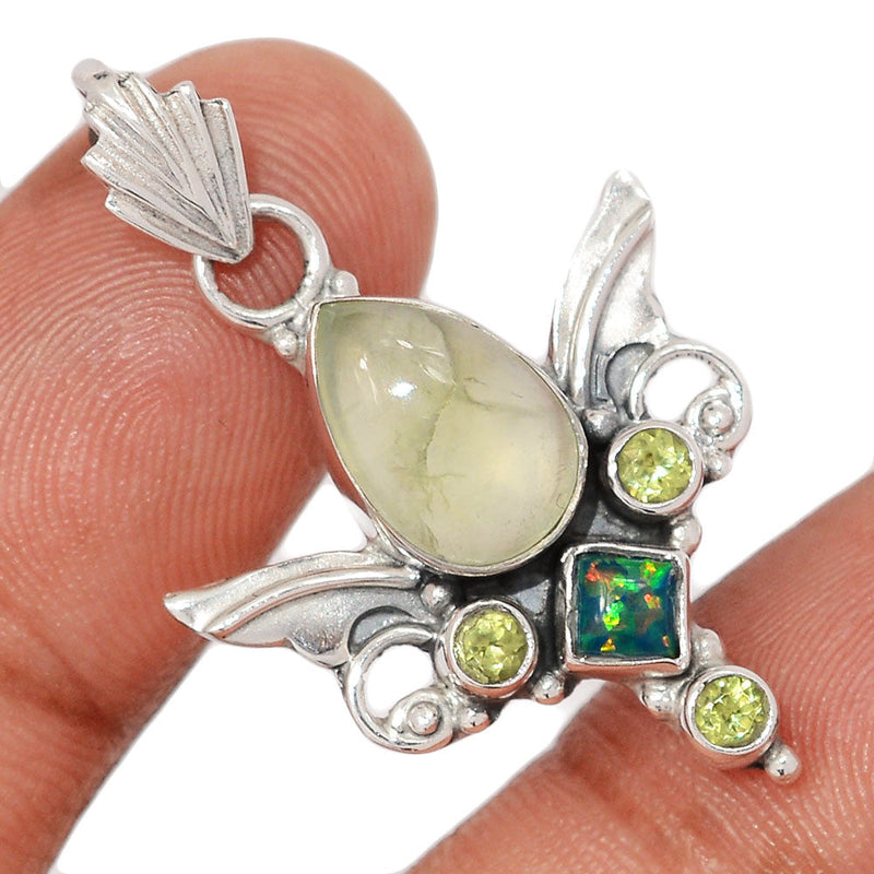 1.5" Scared Angel Wings - Prehnite, Peridot & Lab Grown Fire Opal Pendants - DSNP2225