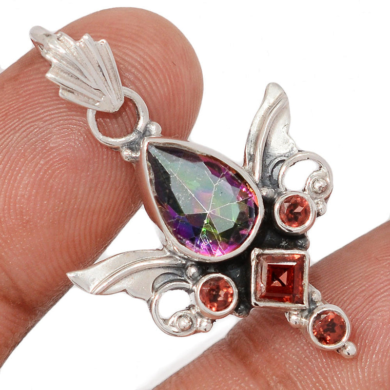 1.5" Scared Angel Wings - Rainbow Topaz & Garnet Faceted Pendants - DSNP2227