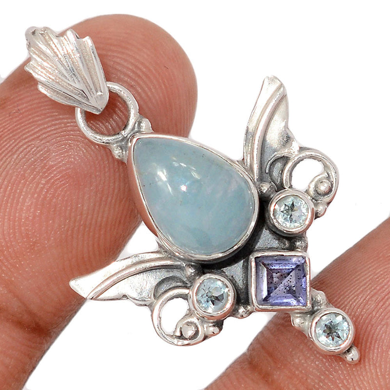 1.5" Scared Angel Wings - Aquamarine, Iolite & Blue Topaz Pendants - DSNP2228