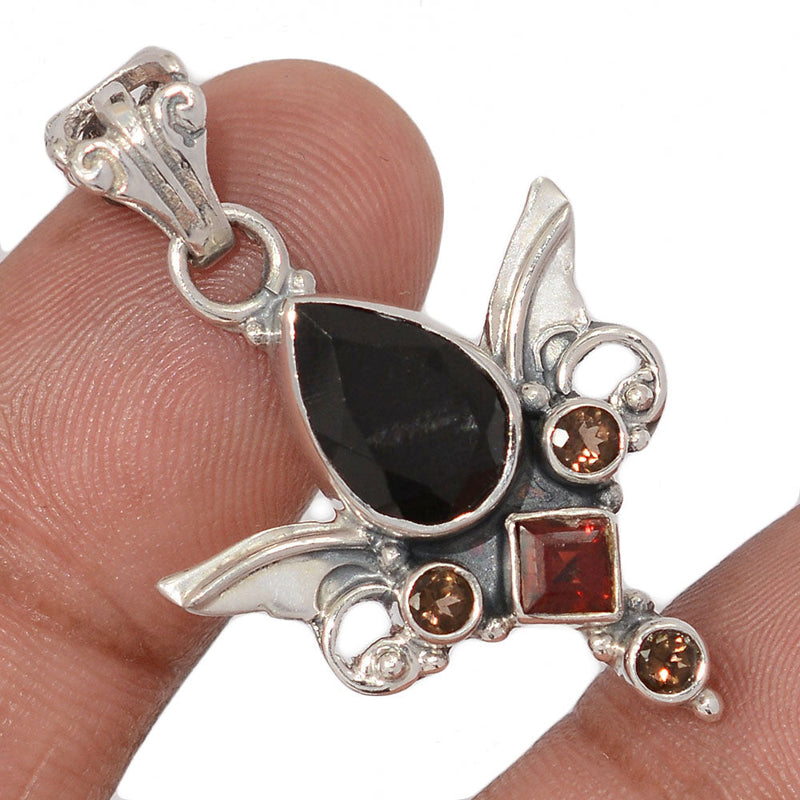 1.5" Scared Angel Wings - Black Onyx Faceted, Garnet Faceted & Smokey Topaz Pendants - DSNP2229