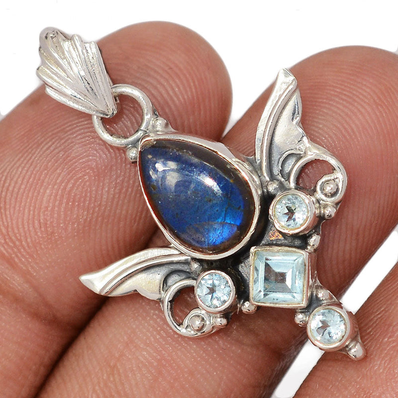 1.5" Scared Angel Wings - Labradorite & Blue Topaz Pendants - DSNP2230