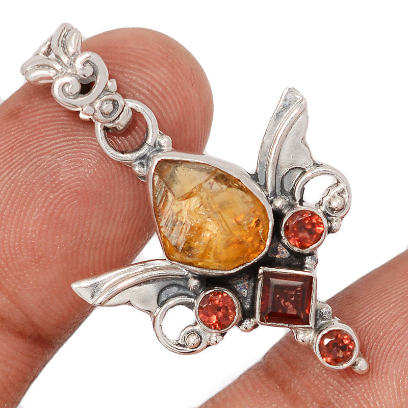 1.5" Scared Angel Wings - Citrine Rough & Garnet Faceted Pendants - DSNP2231