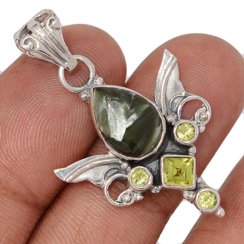 1.5" Scared Angel Wings - Seraphinite & Peridot Pendants - DSNP2232