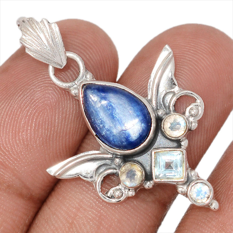 1.5" Scared Angel Wings - Kyanite, Blue Topaz & Moonstone Faceted Pendants - DSNP2233