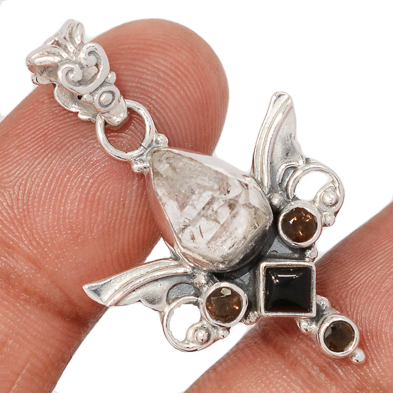 1.5" Scared Angel Wings - Herkimer Diamond, Black Onyx & Smokey Topaz Pendants - DSNP2234