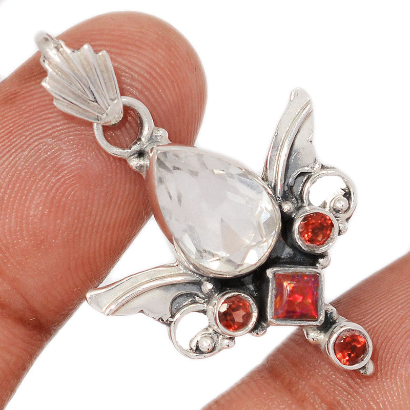 1.5" Scared Angel Wings - Crystal Quartz & Garnet Faceted Pendants - DSNP2236
