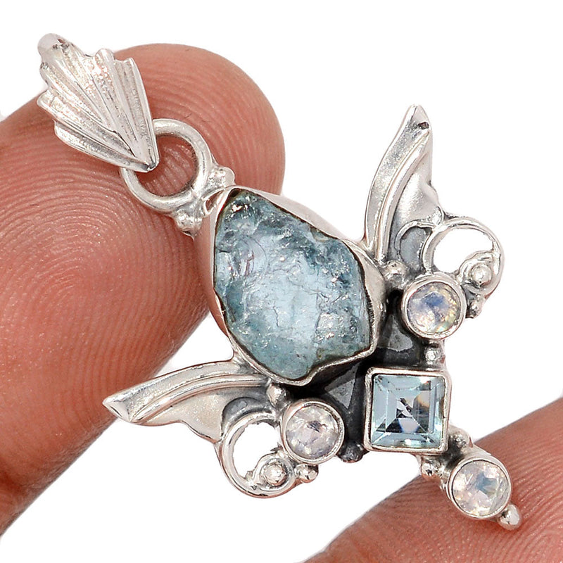 1.5" Scared Angel Wings - Aquamarine Rough, Blue Topaz & Moonstone Faceted Pendants - DSNP2238