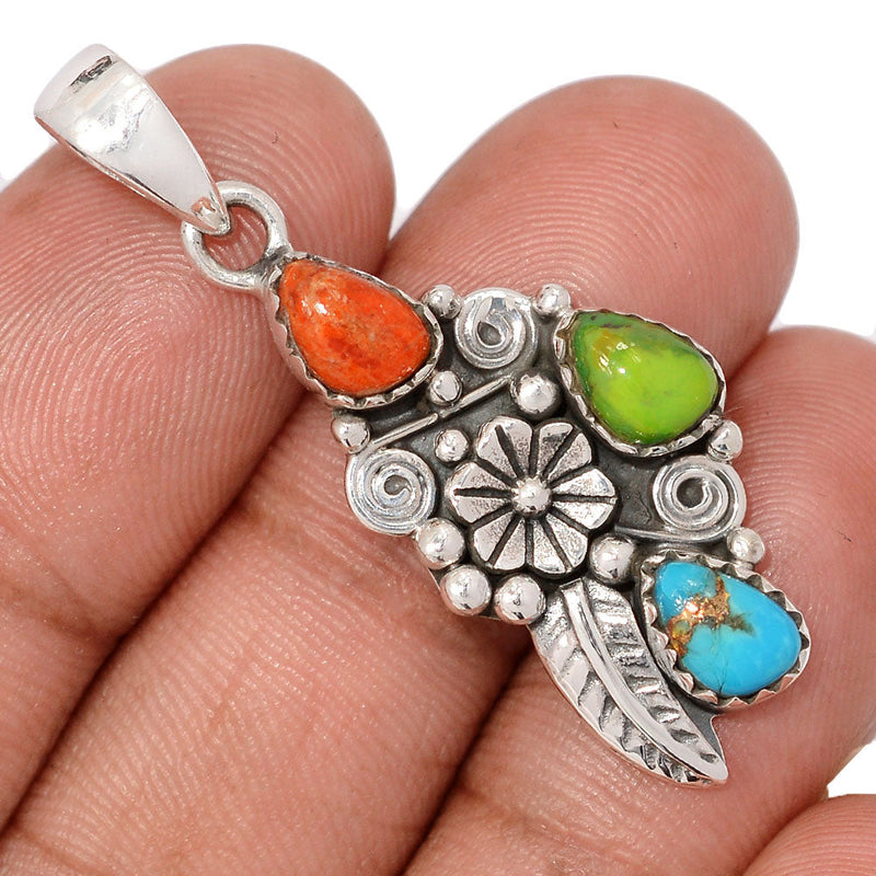 1.6" Southwest - Coral, Mohave Green Turquoise & Copper Blue Turquoise Pendants - DSNP2245
