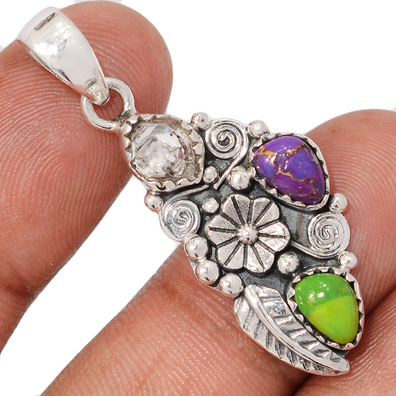 1.6" Southwest - Herkimer Diamond, Mohave Green Turquoise & Copper Purple Turquoise Pendants - DSNP2253