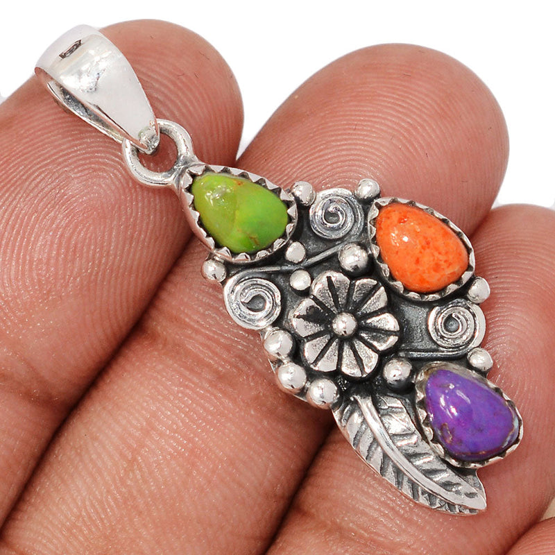 1.6" Southwest - Green & Purple Mohave Turquoise & Coral Pendants - DSNP2255