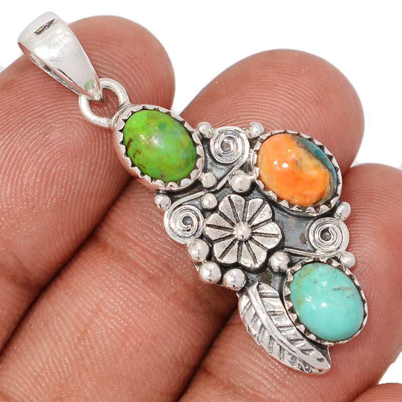1.7" Southwest - Blue & Green Mohave Turquoise & Spiny Oyster & Arizona Turquoise Pendants - DSNP2257