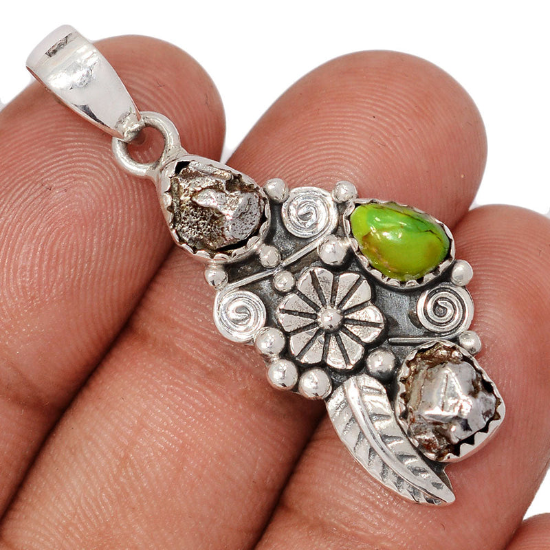 1.6" Southwest - Meteorite Campo Del Cielo & Mohave Green Turquoise Pendants - DSNP2261