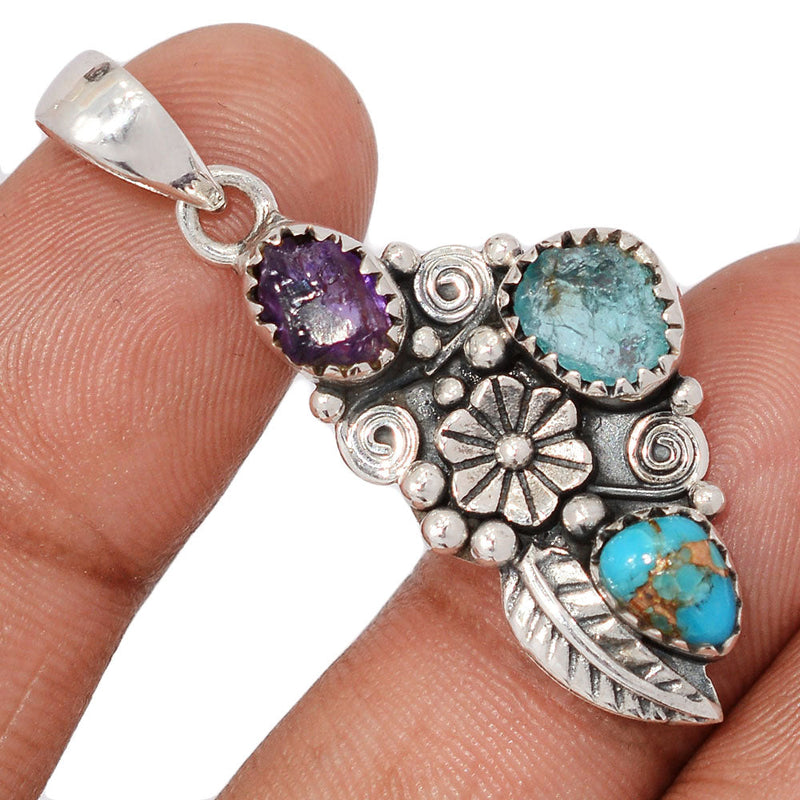 1.7" Southwest - Amethyst Rough, Neon Blue Apatite & Copper Purple Turquoise Pendants - DSNP2262