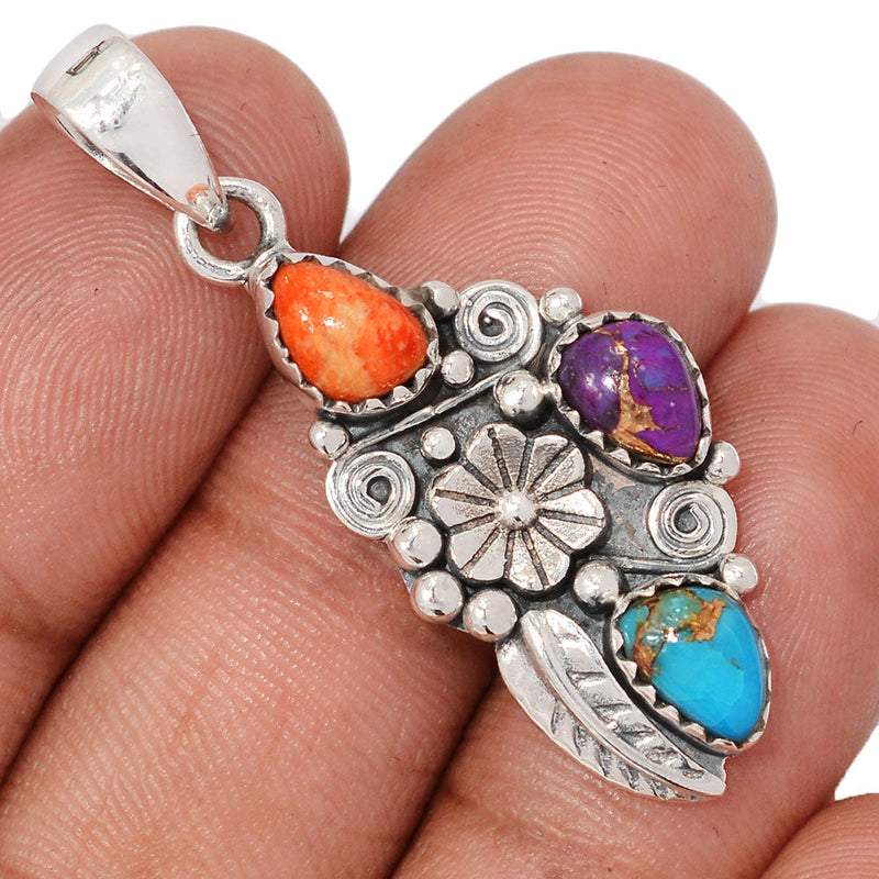1.6" Southwest - Purple & Blue Copper Turquoise & Coral Pendants - DSNP2263