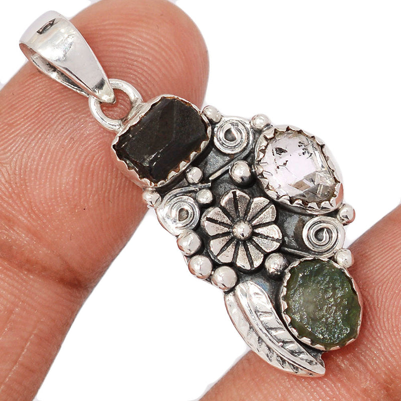 1.6" Southwest - Moldavite, Herkimer Diamond & Black Tourmaline Rough Pendants - DSNP2264