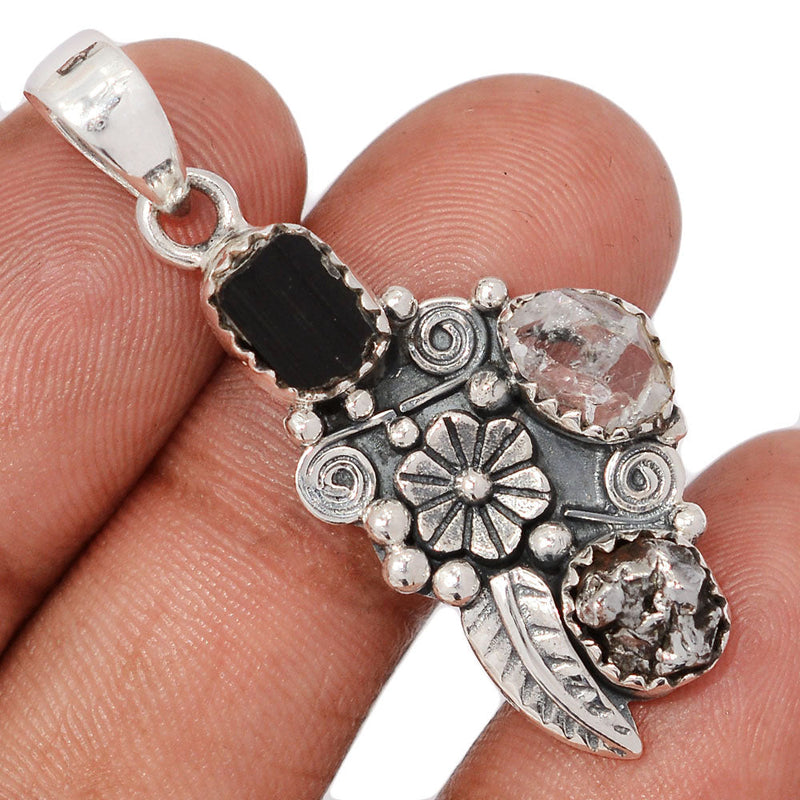1.7" Southwest - Herkimer Diamond, Black Tourmaline & Meteorite Campo Del Cielo Pendants - DSNP2265