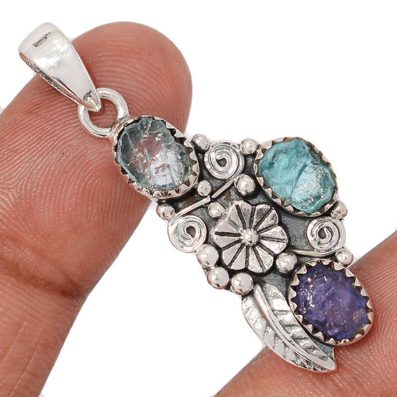1.7" Southwest - Tanzanite, Aquamarine & Neon Blue Apatite Rough Pendants - DSNP2266