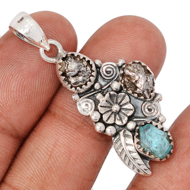 1.6" Southwest - Meteorite Campo Del Cielo & Neon Blue Apatite Rough Pendants - DSNP2268