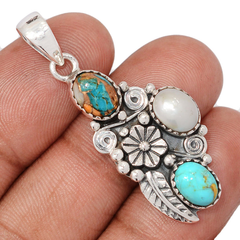1.7" Southwest - Fresh Water Pearl, Mohave Blue Turquoise & Spiny Oyster & Arizona Turquoise Pendants - DSNP2269