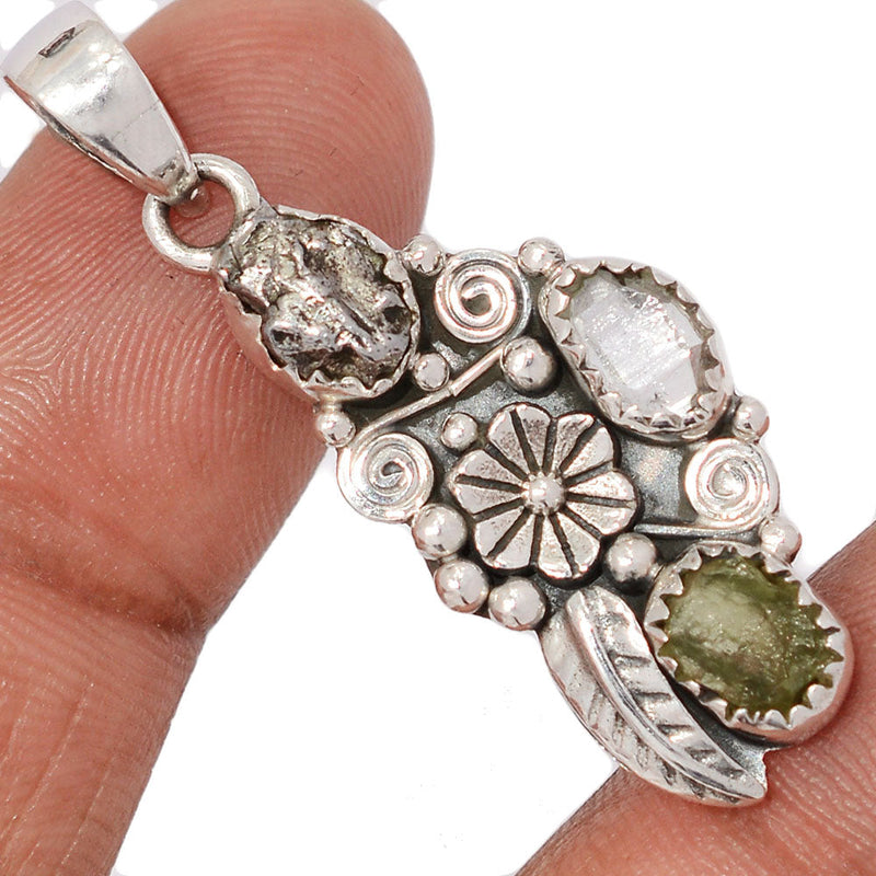 1.6" Southwest - Moldavite, Herkimer Diamond & Meteorite Campo Del Cielo Pendants - DSNP2270
