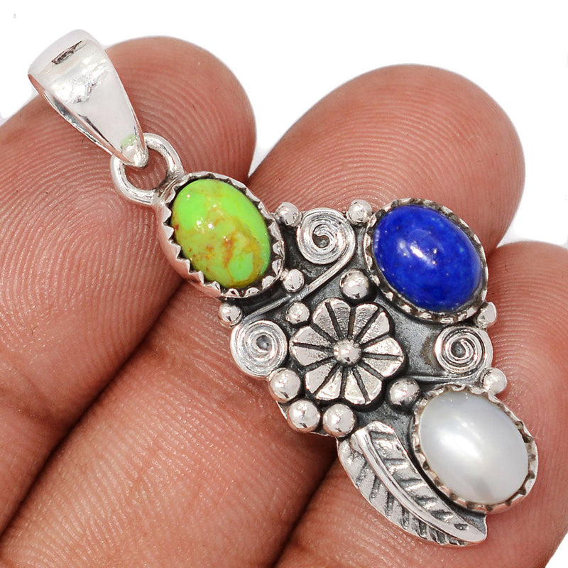 1.7" Southwest - Fresh Water Pearl, Lapis & Mohave Green Turquoise Pendants - DSNP2271