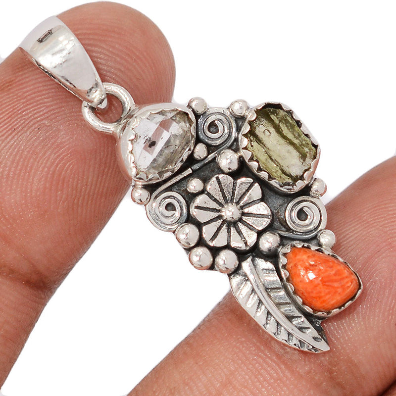 1.6" Southwest - Moldavite, Herkimer Diamond & Coral Pendants - DSNP2274