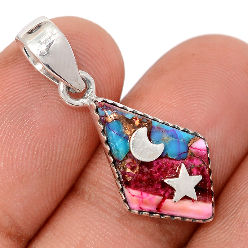 1.2" Moon & Star - Kingman Pink Dahlia Turquoise Pendants - DSNP2281