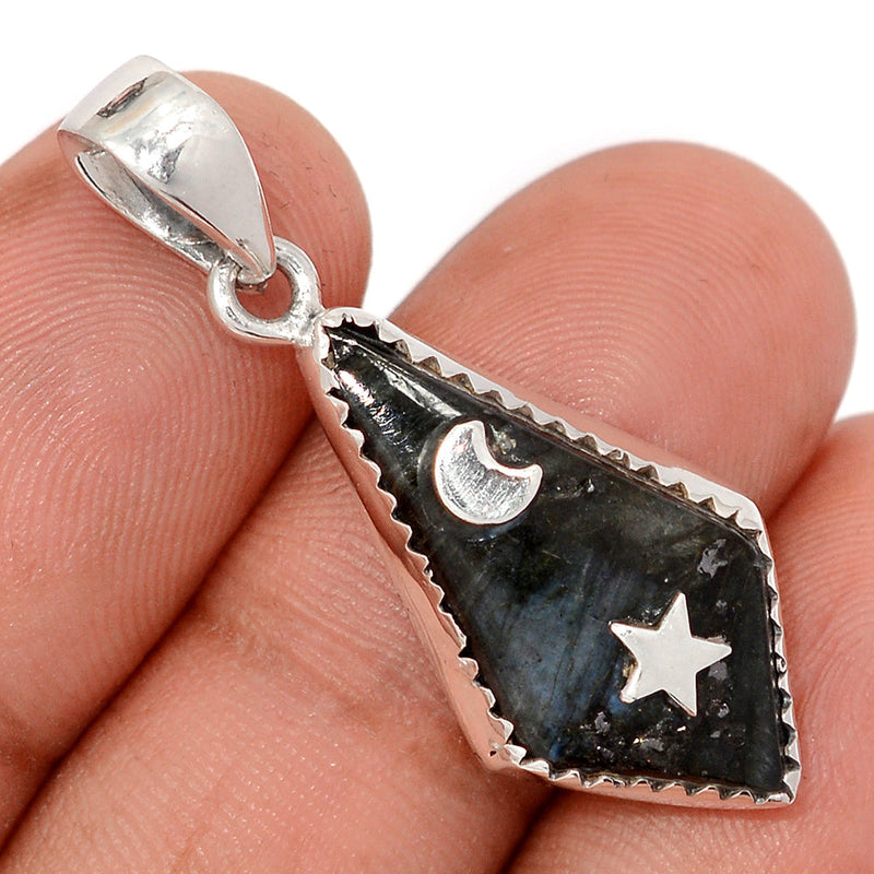 1.5" Moon & Star - Larvikite Black Moonstone Pendants - DSNP2288