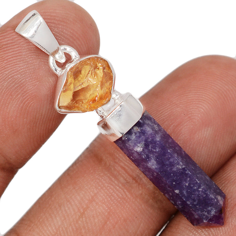 1.7" Designer - Purple Lepidolite Worry Stone & Citrine Rough Pendants - DSNP2318
