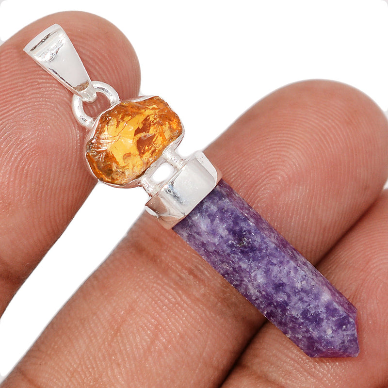 1.7" Designer - Purple Lepidolite Worry Stone & Citrine Rough Pendants - DSNP2328