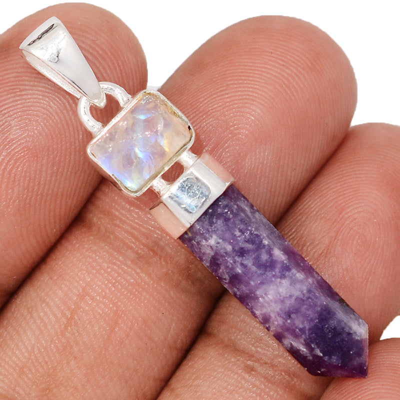 1.7" Designer - Purple Lepidolite Worry Stone & Moonstone Rough Pendants - DSNP2332