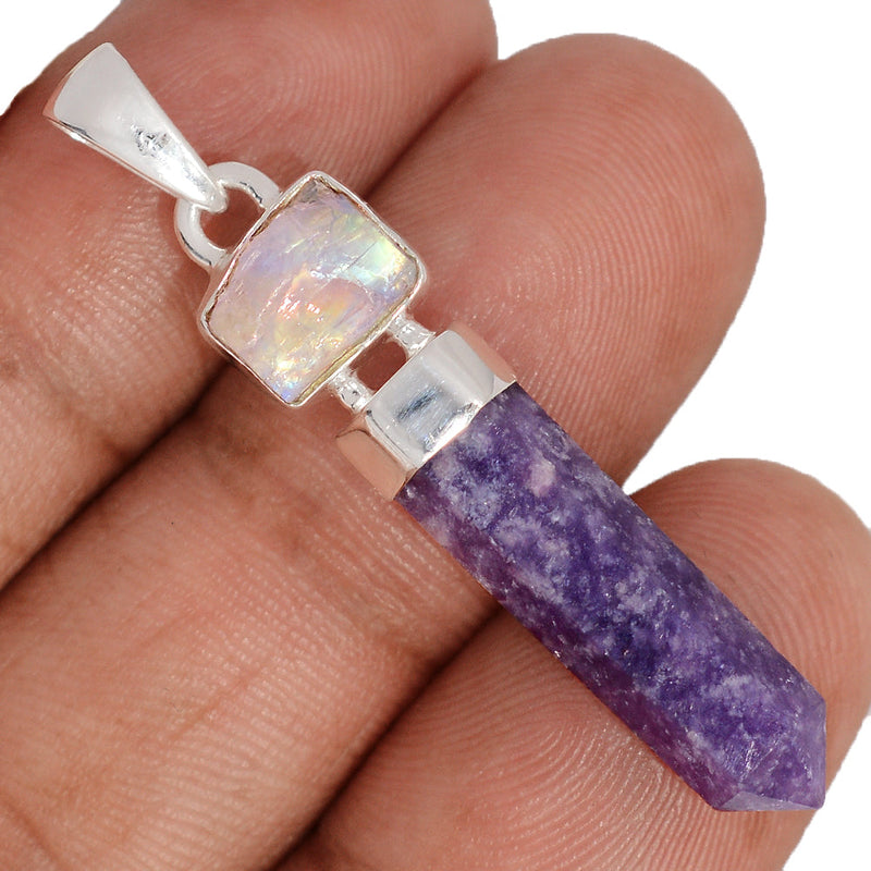1.7" Designer - Purple Lepidolite Worry Stone & Moonstone Rough Pendants - DSNP2334