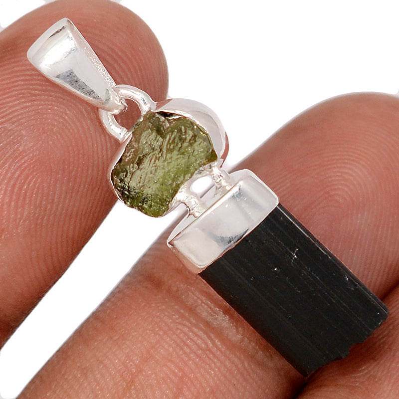 1.3" Designer - Moldavite & Black Tourmaline Pendants - DSNP2340