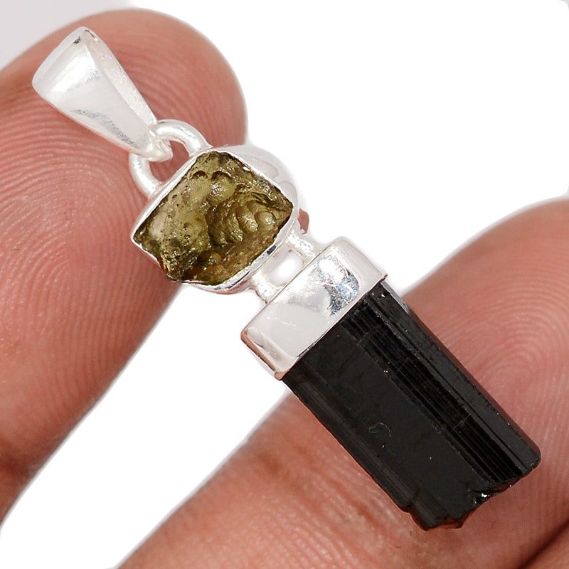 1.5" Designer - Moldavite & Black Tourmaline Rough Pendants - DSNP2343