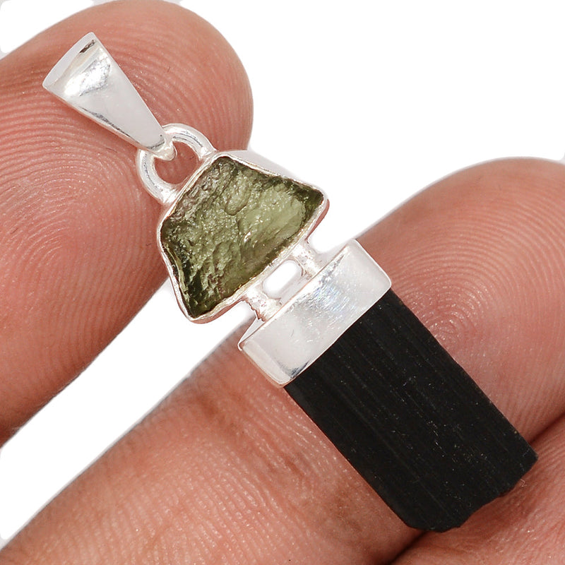 1.5" Designer - Moldavite & Black Tourmaline Rough Pendants - DSNP2345