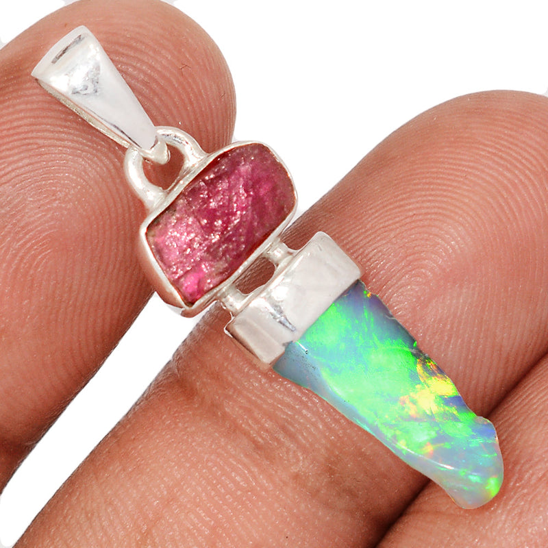 1.5" Designer - Ethiopian Opal Polish Rough & Pink Tourmaline Rough Pendants - DSNP2349