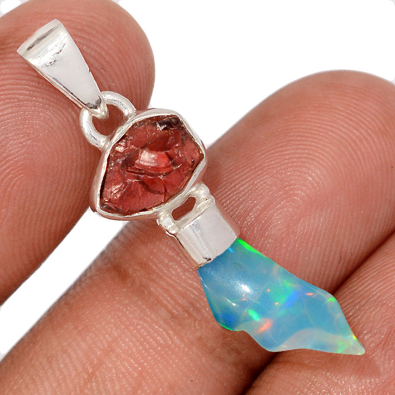 1.5" Designer - Ethiopian Opal Polish Rough & Garnet Rough Pendants - DSNP2351