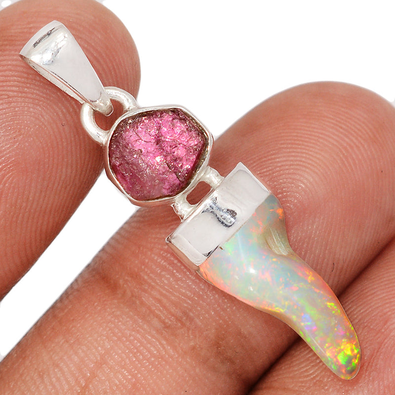 1.5" Designer - Ethiopian Opal Polish Rough & Pink Tourmaline Rough Pendants - DSNP2352