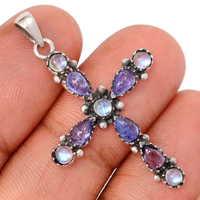1.6" Cross - Tanzanite & Rainbow Moonstone Pendants - DSNP2385