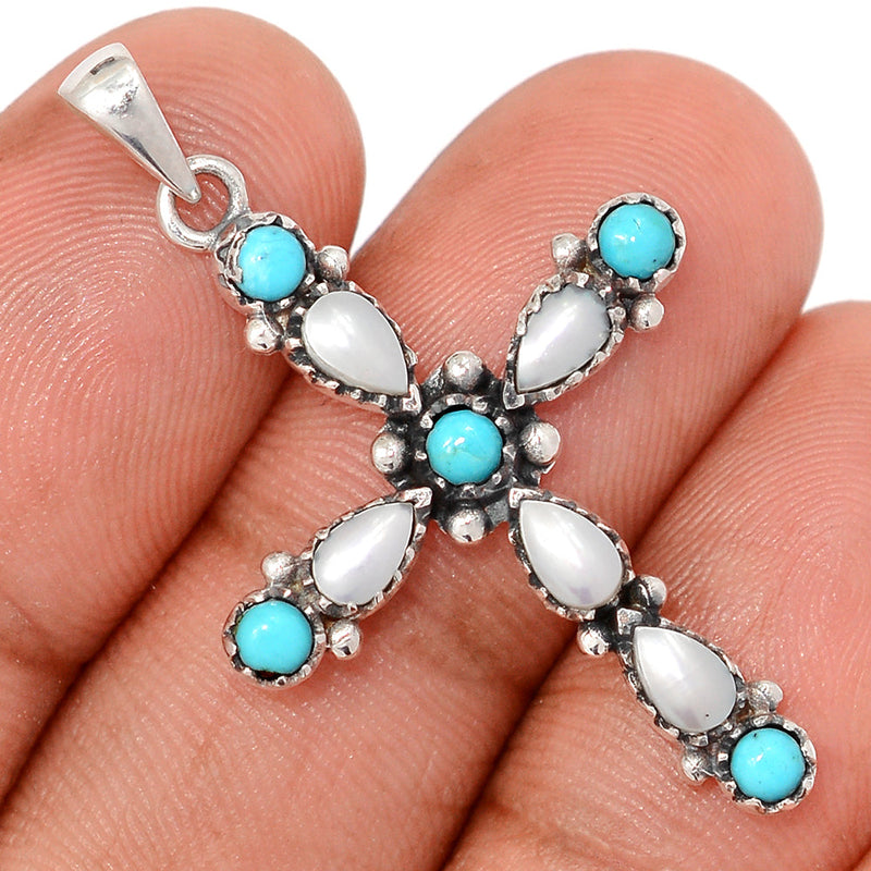 1.6" Cross - Fresh Water Pearl & Mohave Blue Turquoise Pendants - DSNP2386