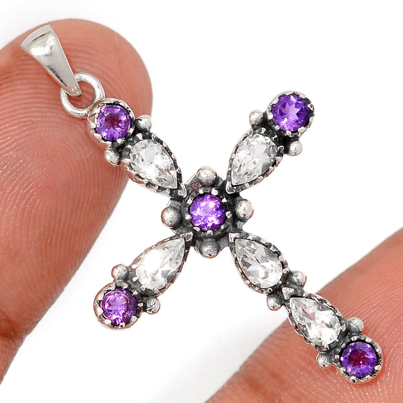 1.6" Cross - White Topaz & Amethyst Faceted Pendants - DSNP2389