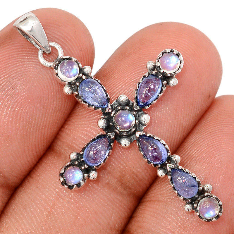 1.6" Cross - Tanzanite & Rainbow Moonstone Pendants - DSNP2390
