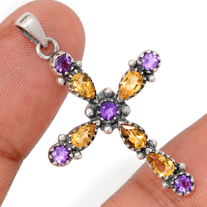 1.6" Cross - Citrine & Amethyst Faceted Pendants - DSNP2392