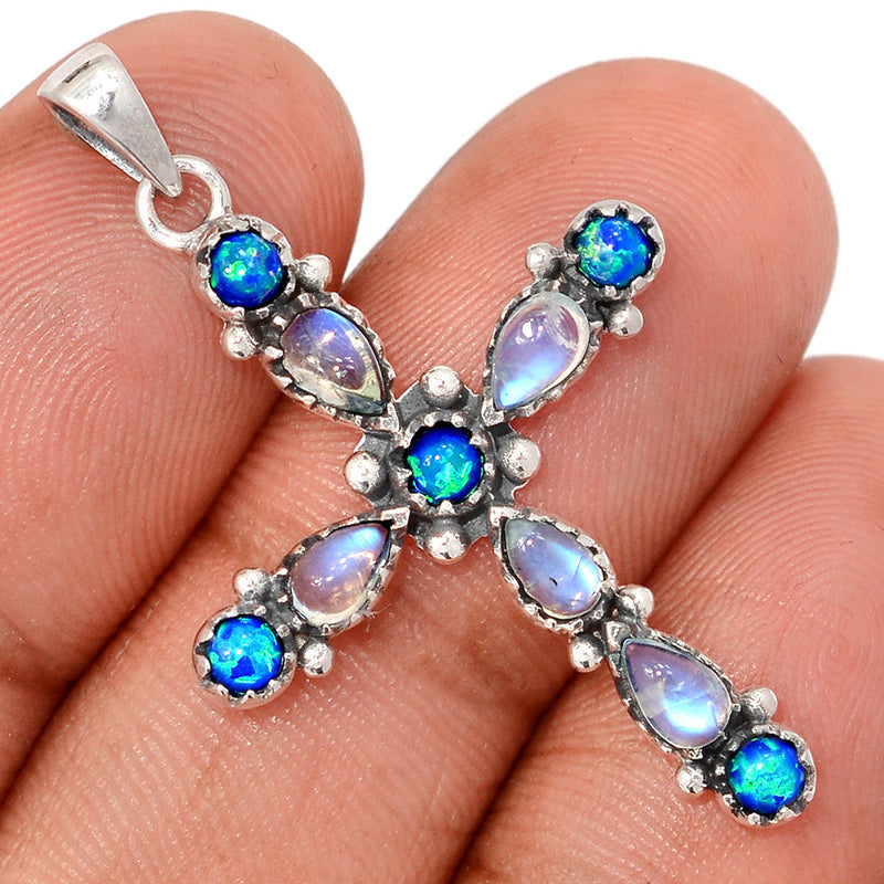 1.6" Cross - Rainbow Moonstone & Lab Grown Fire Opal Pendants - DSNP2396