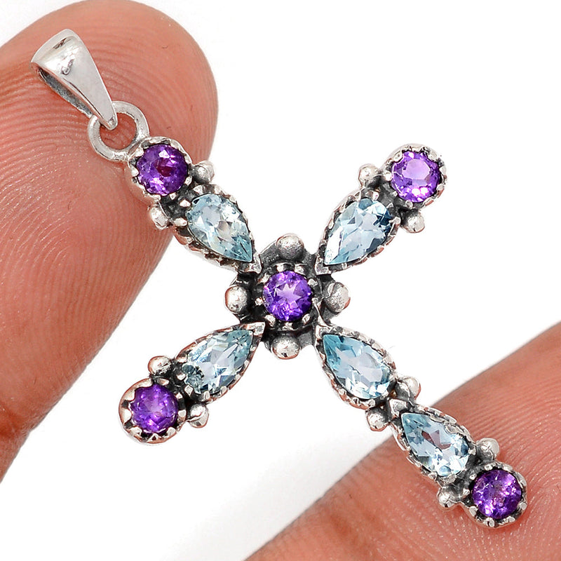 1.6" Cross - Blue Topaz & Amethyst Faceted Pendants - DSNP2400