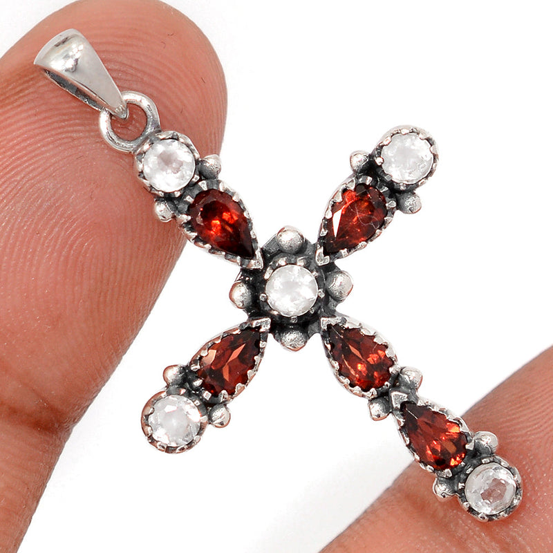 1.6" Cross - White Topaz & Garnet Faceted Pendants - DSNP2402
