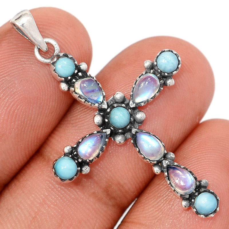 1.6" Cross - Larimar & Rainbow Moonstone Pendants - DSNP2405